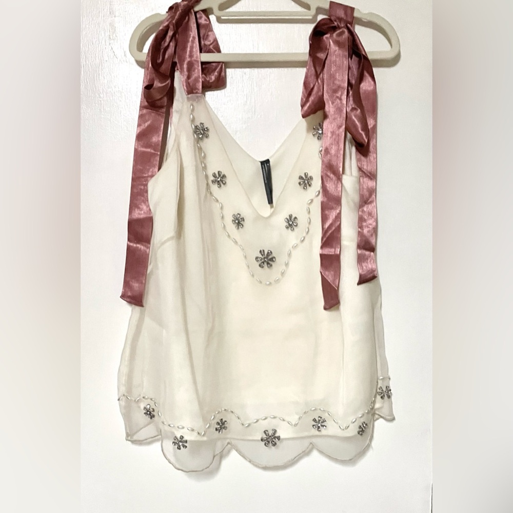Anthropologie Tie-Strap Crystal Tank Top/Ivory Tank w/ Dusty Rose Tie Straps: M